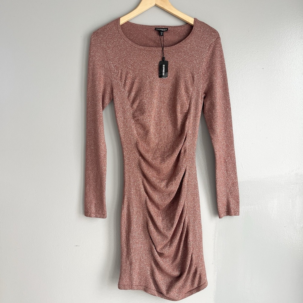 Express Ruched Metallic Bodycon Dress Tan Brown Salmon Mesh Sleeves‎ M NWT